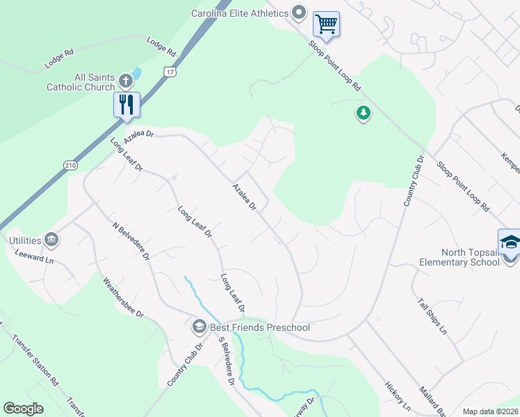 map of restaurants, bars, coffee shops, grocery stores, and more near 519 Azalea Drive in Hampstead