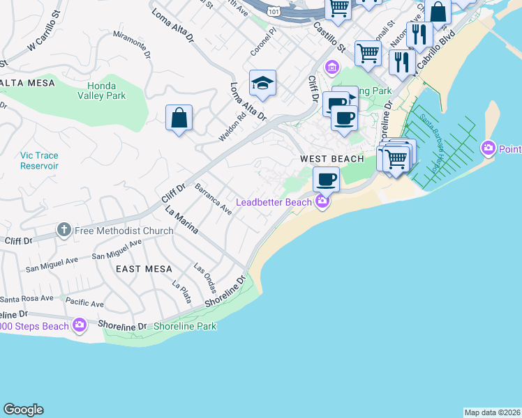 map of restaurants, bars, coffee shops, grocery stores, and more near 100 Oceano Avenue in Santa Barbara