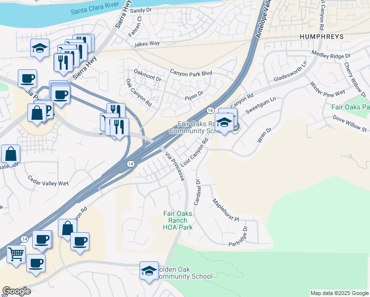 map of restaurants, bars, coffee shops, grocery stores, and more near 17955 Lost Canyon Road in Santa Clarita