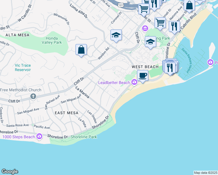map of restaurants, bars, coffee shops, grocery stores, and more near 123 Oceano Avenue in Santa Barbara