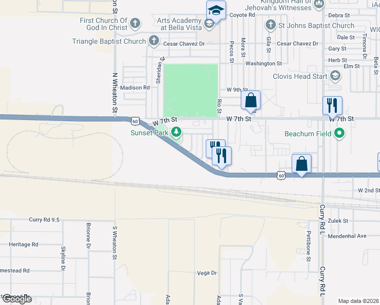 map of restaurants, bars, coffee shops, grocery stores, and more near 3122-3162 West Grand Avenue in Clovis