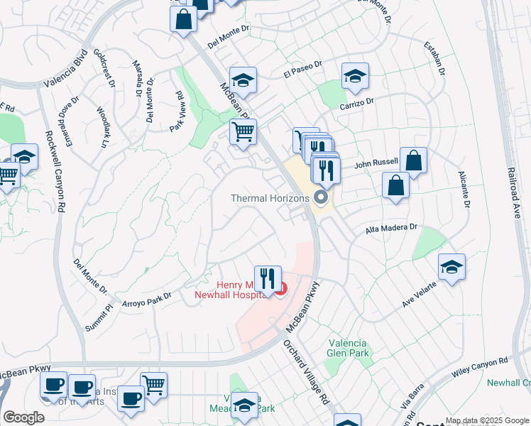 map of restaurants, bars, coffee shops, grocery stores, and more near 25932 Bellis Drive in Santa Clarita