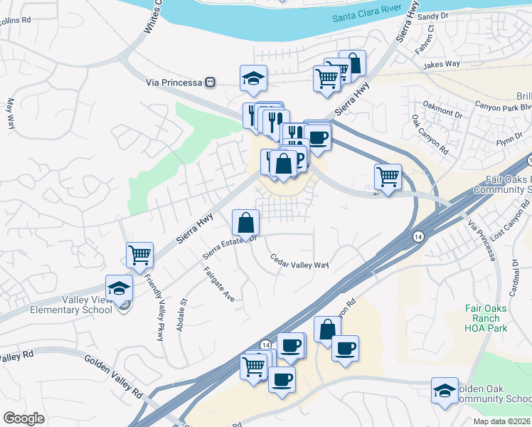 map of restaurants, bars, coffee shops, grocery stores, and more near 18846 Vista Del Canon in Santa Clarita