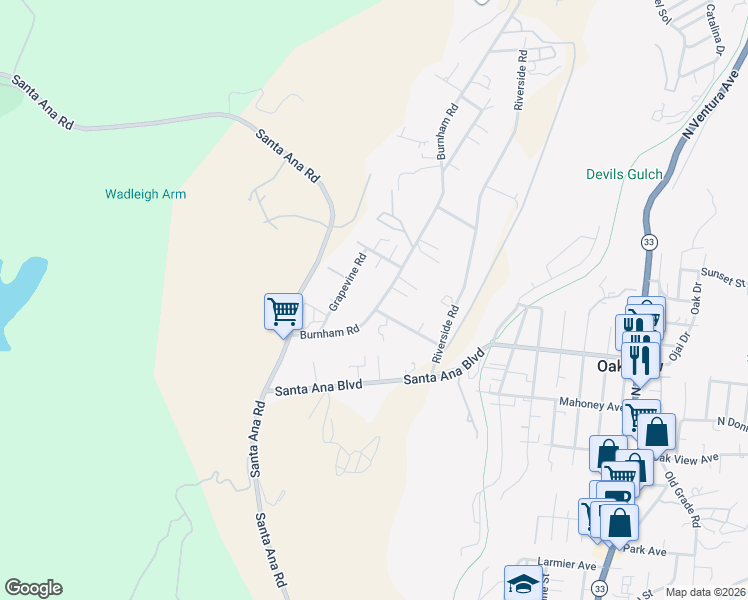map of restaurants, bars, coffee shops, grocery stores, and more near 159 Burnham Road in Oak View