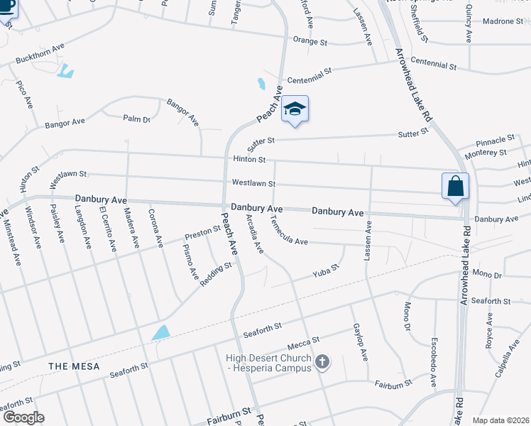 map of restaurants, bars, coffee shops, grocery stores, and more near 18403 Danbury Avenue in Hesperia