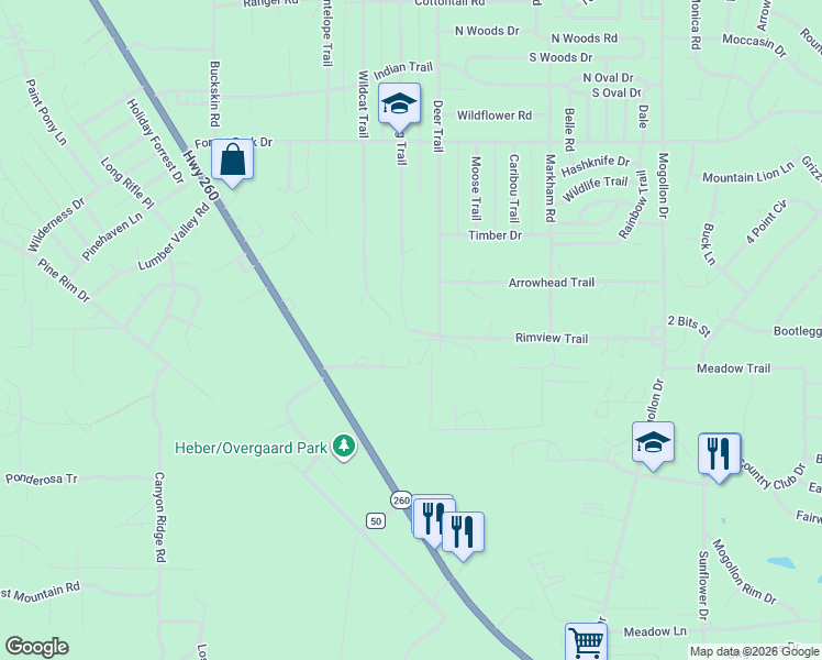 map of restaurants, bars, coffee shops, grocery stores, and more near 2845 Mustang Trail in Heber-Overgaard