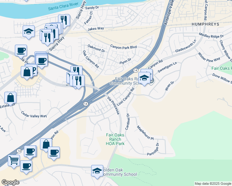 map of restaurants, bars, coffee shops, grocery stores, and more near 17973 Lost Canyon Road in Los Angeles County