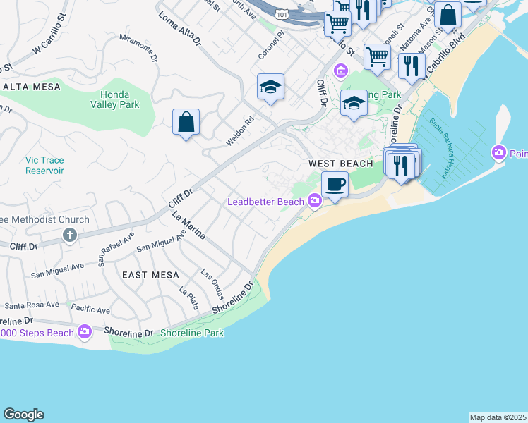 map of restaurants, bars, coffee shops, grocery stores, and more near 123 Oceano Avenue in Santa Barbara