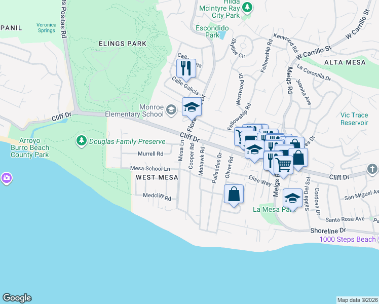 map of restaurants, bars, coffee shops, grocery stores, and more near 338 Mesa Lane in Santa Barbara