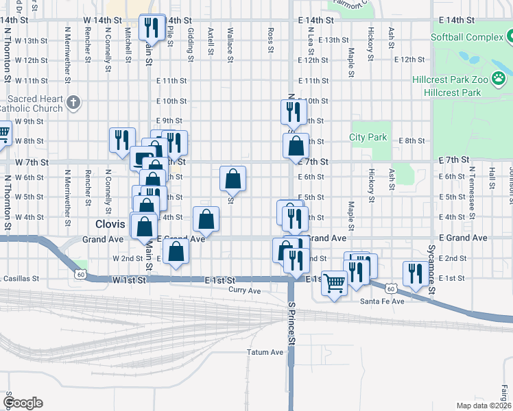 map of restaurants, bars, coffee shops, grocery stores, and more near 413 Sheldon Street in Clovis