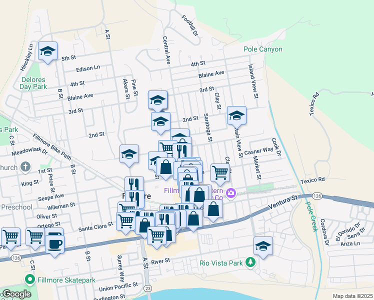 map of restaurants, bars, coffee shops, grocery stores, and more near 458 Central Avenue in Fillmore