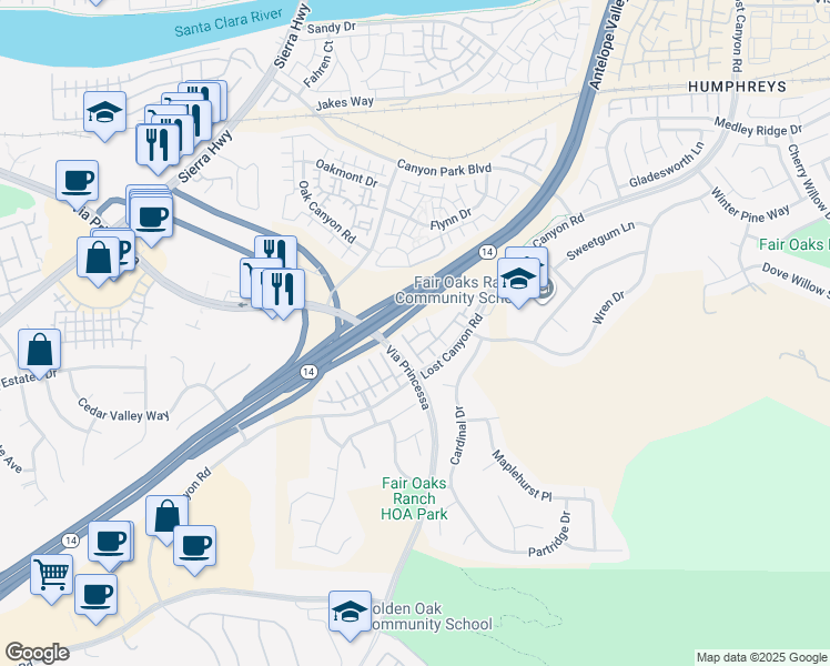 map of restaurants, bars, coffee shops, grocery stores, and more near 17965 Lost Canyon Road in Santa Clarita