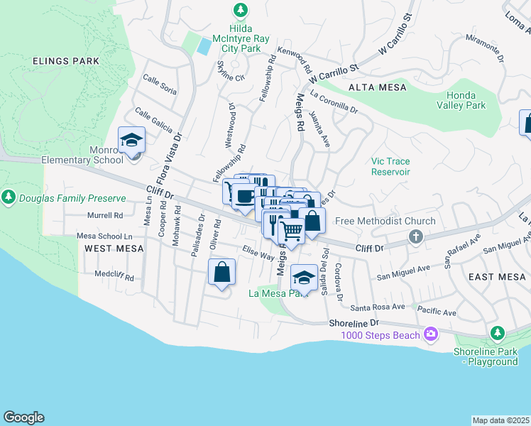 map of restaurants, bars, coffee shops, grocery stores, and more near 2018 Cliff Drive in Santa Barbara
