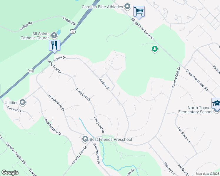 map of restaurants, bars, coffee shops, grocery stores, and more near 519 Azalea Drive in Hampstead