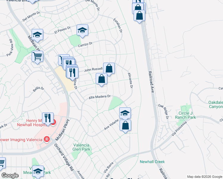 map of restaurants, bars, coffee shops, grocery stores, and more near 25657 Almendra Drive in Santa Clarita