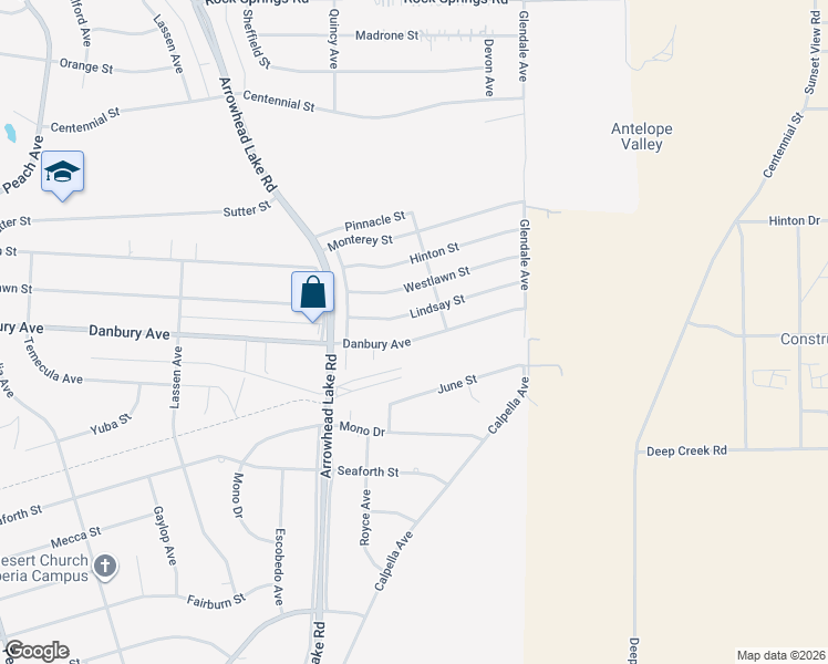 map of restaurants, bars, coffee shops, grocery stores, and more near 19102 Danbury Avenue in Hesperia