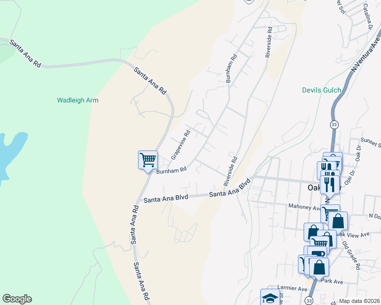 map of restaurants, bars, coffee shops, grocery stores, and more near 159 Burnham Road in Oak View