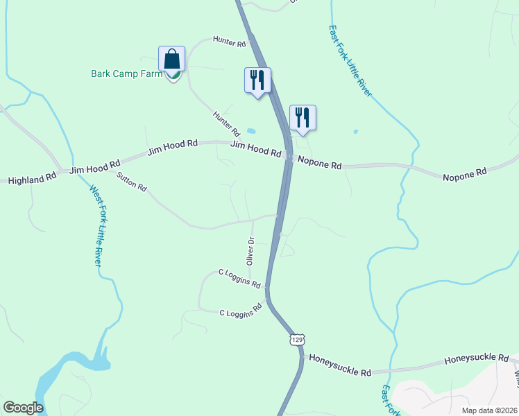 map of restaurants, bars, coffee shops, grocery stores, and more near 4010 Sutton Road in Gainesville