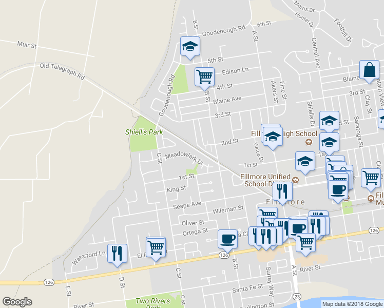 map of restaurants, bars, coffee shops, grocery stores, and more near 981 Meadowlark Drive in Fillmore