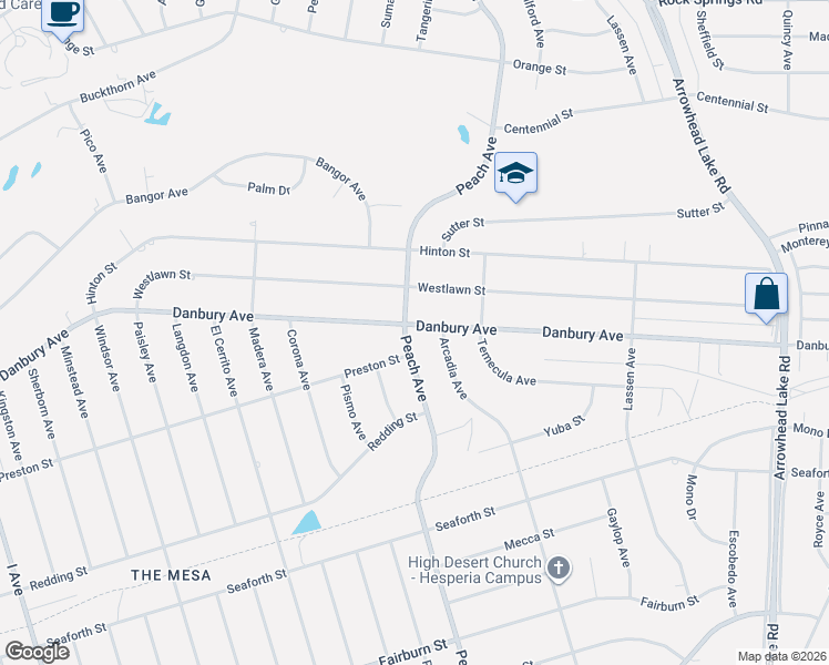 map of restaurants, bars, coffee shops, grocery stores, and more near 8320 Peach Avenue in Hesperia