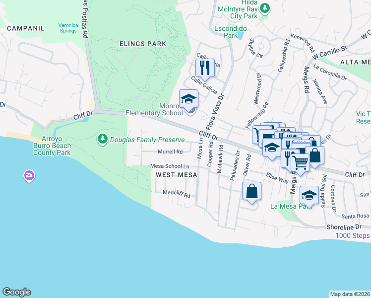 map of restaurants, bars, coffee shops, grocery stores, and more near 2424 Murrell Road in Santa Barbara
