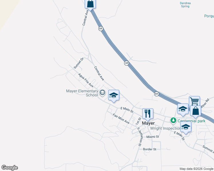 map of restaurants, bars, coffee shops, grocery stores, and more near 12501 Central Avenue in Mayer