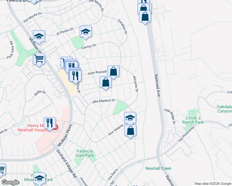 map of restaurants, bars, coffee shops, grocery stores, and more near 25661 Almendra Drive in Santa Clarita