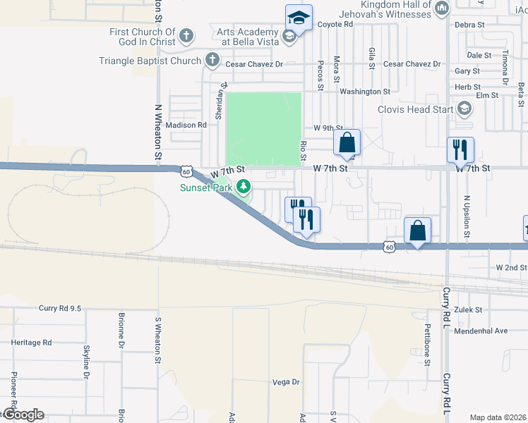 map of restaurants, bars, coffee shops, grocery stores, and more near 3122-3162 West Grand Avenue in Clovis