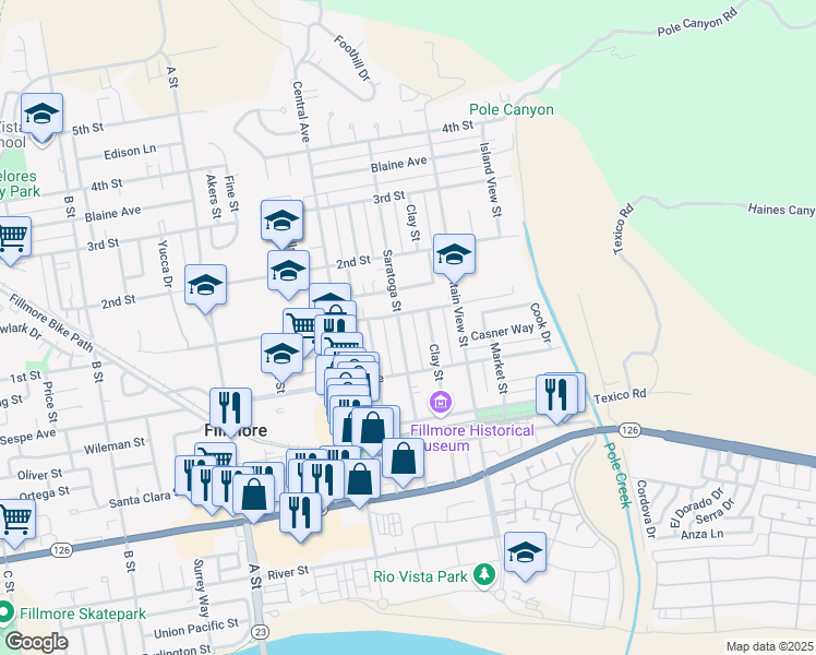 map of restaurants, bars, coffee shops, grocery stores, and more near 445 Clay Street in Fillmore