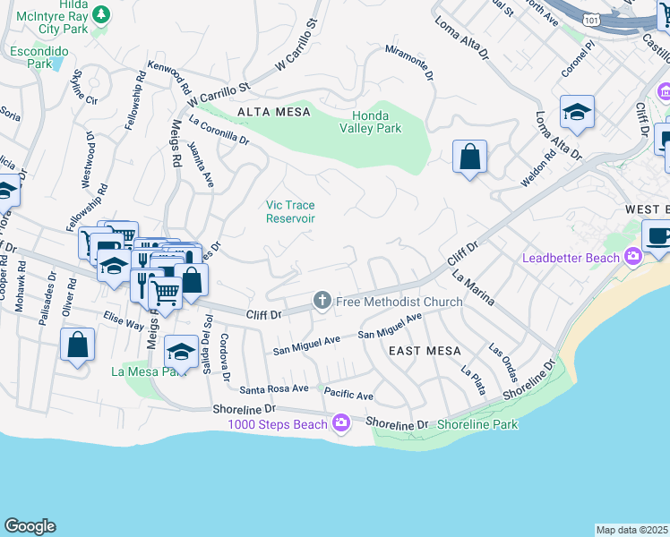 map of restaurants, bars, coffee shops, grocery stores, and more near 1428 Santa Fe Lane in Santa Barbara