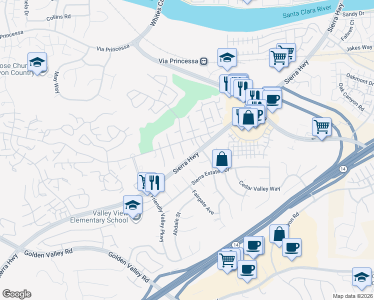 map of restaurants, bars, coffee shops, grocery stores, and more near in Santa Clarita