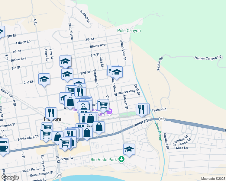 map of restaurants, bars, coffee shops, grocery stores, and more near 441 Mountain View Street in Fillmore