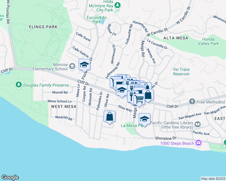 map of restaurants, bars, coffee shops, grocery stores, and more near 2102 Cliff Drive in Santa Barbara