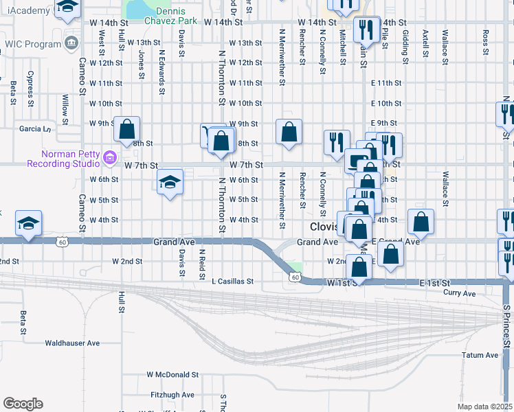 map of restaurants, bars, coffee shops, grocery stores, and more near 416 Hinkle Street in Clovis
