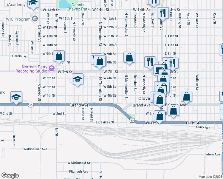 map of restaurants, bars, coffee shops, grocery stores, and more near 416 Hinkle Street in Clovis