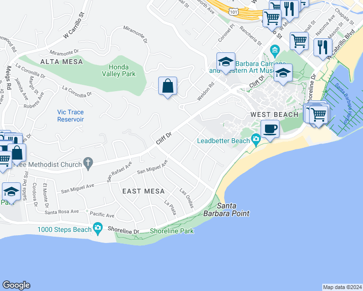 map of restaurants, bars, coffee shops, grocery stores, and more near 1113 Las Olas Avenue in Santa Barbara