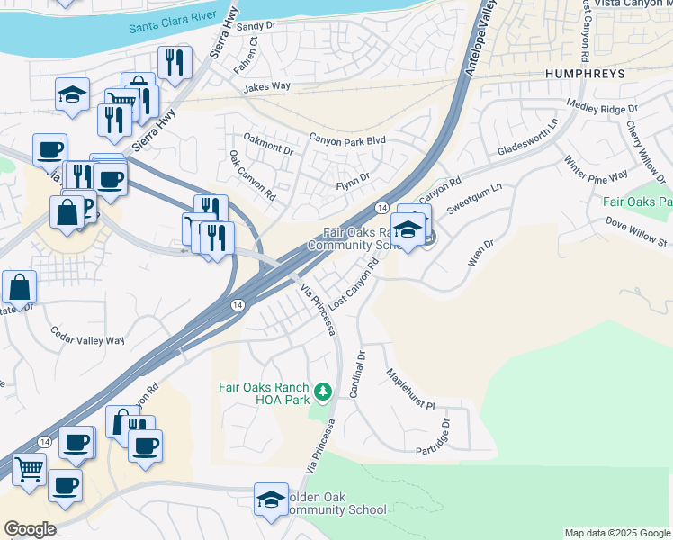 map of restaurants, bars, coffee shops, grocery stores, and more near 17955 Lost Canyon Road in Santa Clarita