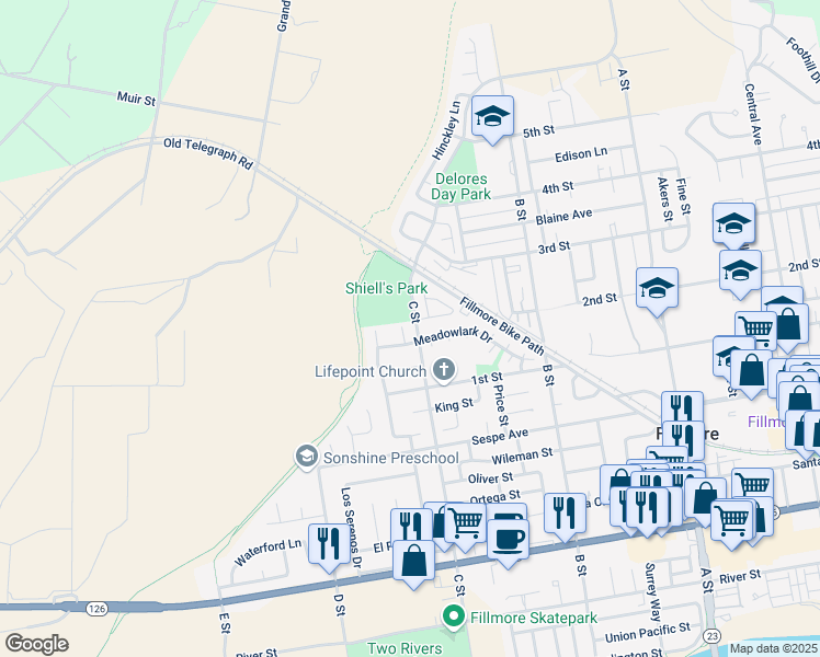 map of restaurants, bars, coffee shops, grocery stores, and more near 568 Finch Court in Fillmore
