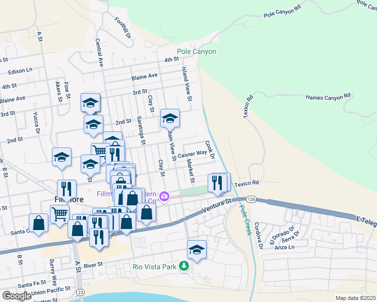 map of restaurants, bars, coffee shops, grocery stores, and more near 231 Casner Way in Fillmore