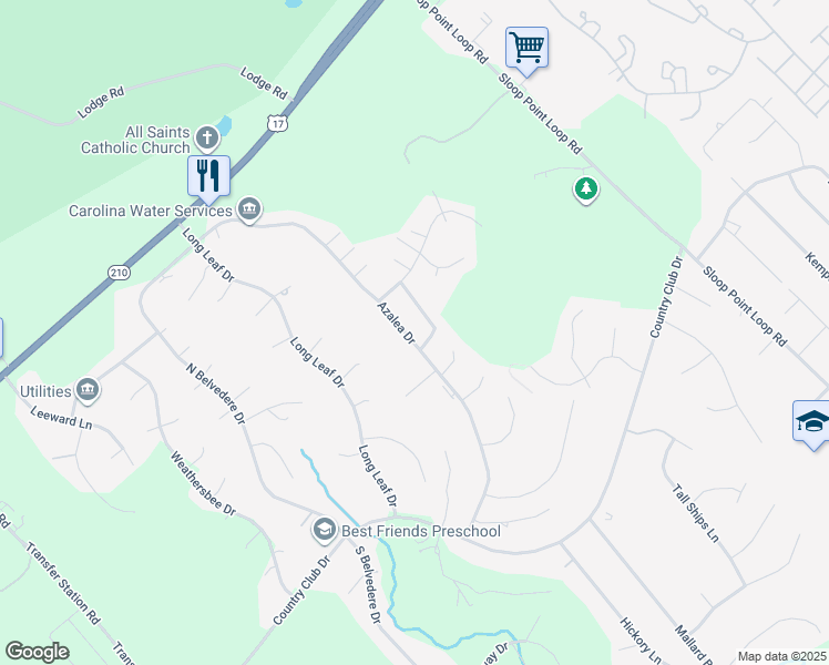 map of restaurants, bars, coffee shops, grocery stores, and more near 517 Azalea Drive in Hampstead