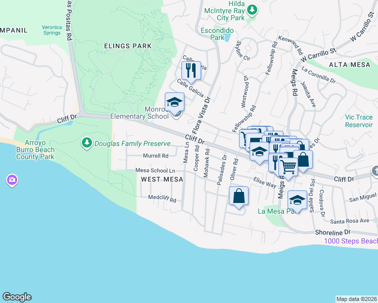 map of restaurants, bars, coffee shops, grocery stores, and more near 338 Mesa Lane in Santa Barbara