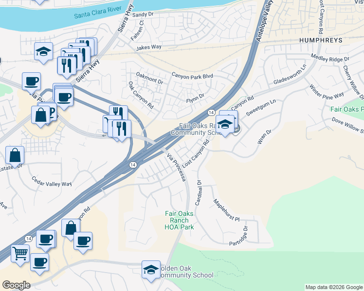 map of restaurants, bars, coffee shops, grocery stores, and more near 17963 Lost Canyon Road in Santa Clarita