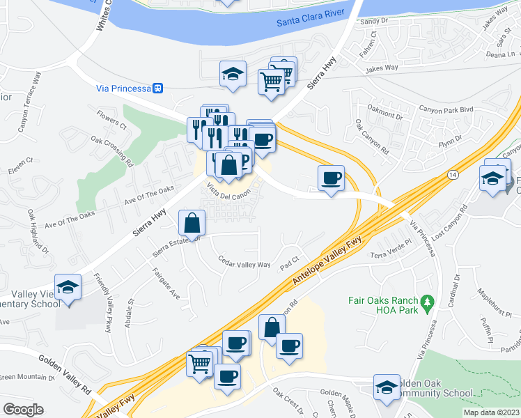 map of restaurants, bars, coffee shops, grocery stores, and more near 18726 Vista Del Canon in NEWHALL