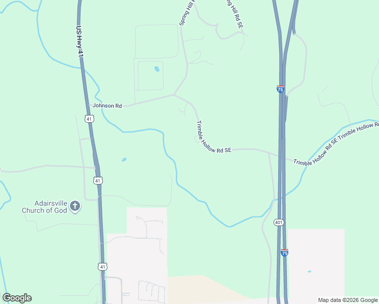 map of restaurants, bars, coffee shops, grocery stores, and more near 2196 Trimble Hollow Road Southeast in Adairsville