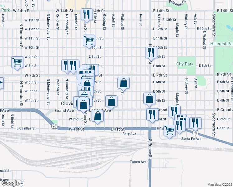 map of restaurants, bars, coffee shops, grocery stores, and more near 415 Axtell Street in Clovis