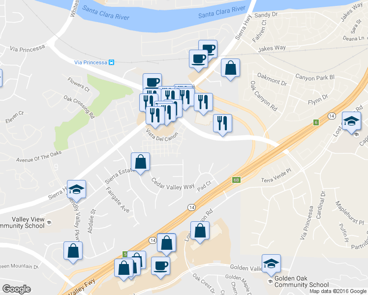 map of restaurants, bars, coffee shops, grocery stores, and more near 18734 Vista Del Canon in Santa Clarita