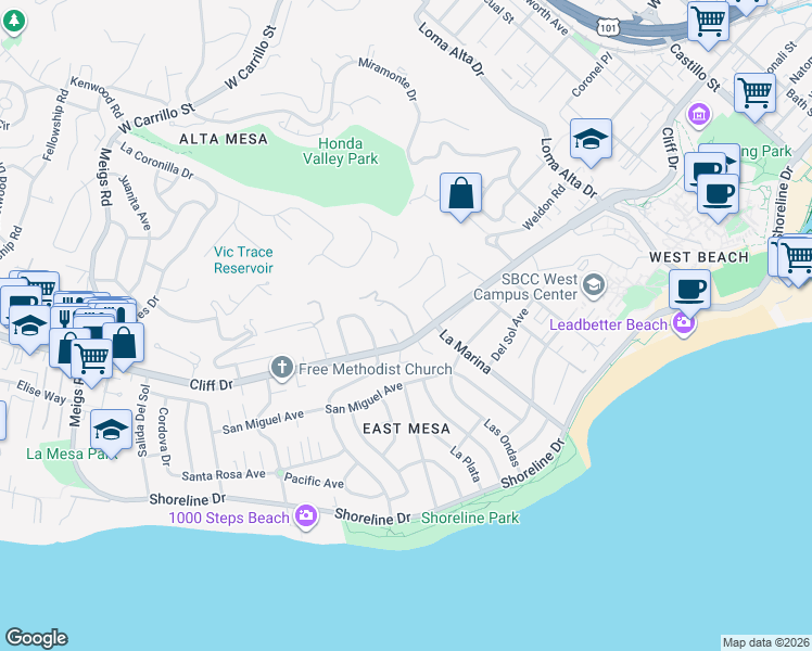 map of restaurants, bars, coffee shops, grocery stores, and more near 402 Vista De La Playa Lane in Santa Barbara