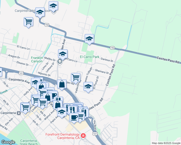 map of restaurants, bars, coffee shops, grocery stores, and more near 5404 Granada Way in Carpinteria