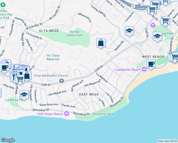 map of restaurants, bars, coffee shops, grocery stores, and more near 407 Vista De La Playa Lane in Santa Barbara
