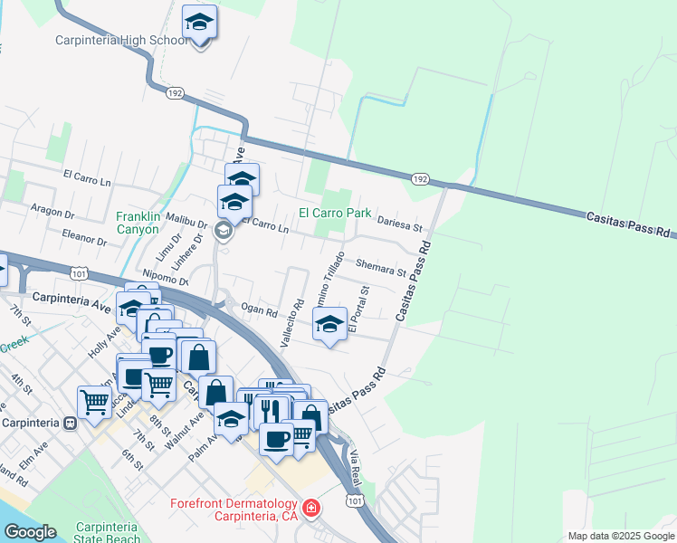 map of restaurants, bars, coffee shops, grocery stores, and more near 5404 Granada Way in Carpinteria